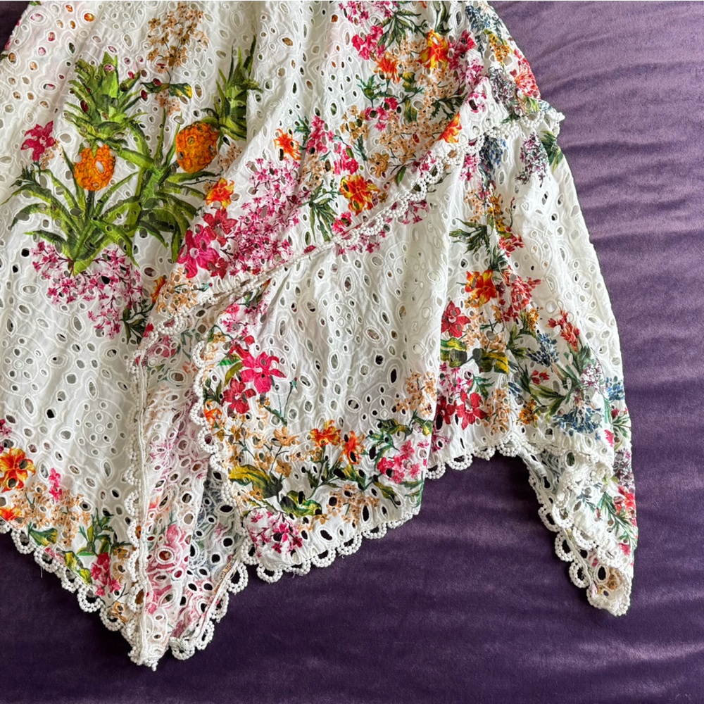 FARM RIO Delicate Forest Scarves Midi Dress XS Eyelet Lace Asymmetric Hi Low - Picture 8 of 14